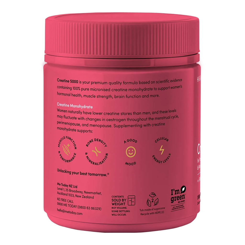 Side of Creatine 5000 high dose showing product benefits such as support for muscle function, bone density, mood & cellular energy levels.