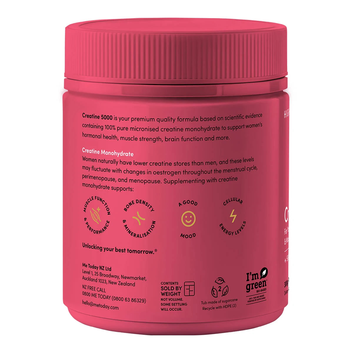Side of Creatine 5000 high dose showing product benefits such as support for muscle function, bone density, mood & cellular energy levels.