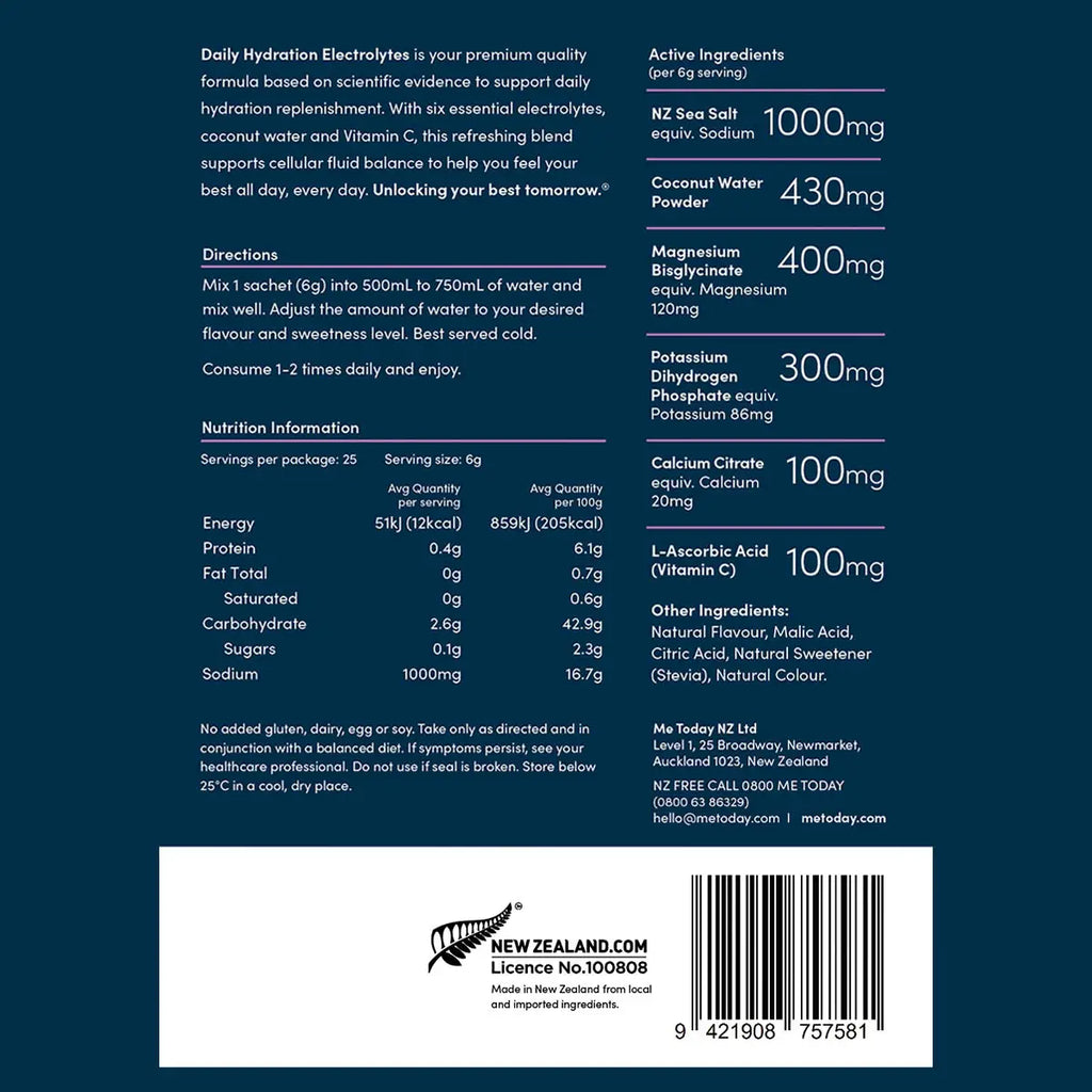 Back of daily hydration electrolytes packaging with nutritional information, directions & ingredients.
