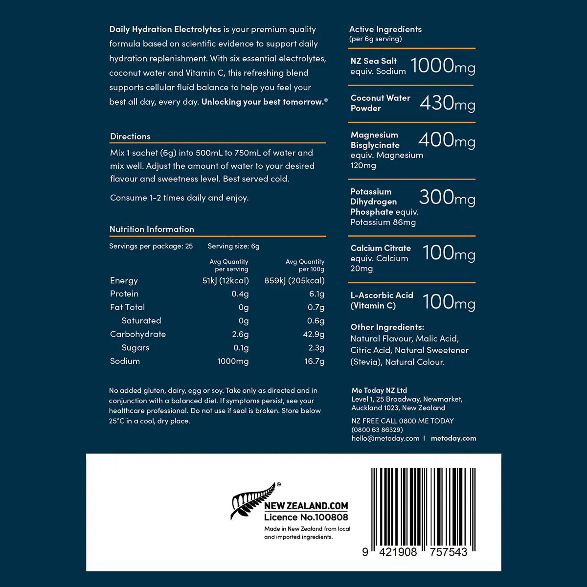 Back of daily hydration electrolytes with nutrition information, directions & ingredients.