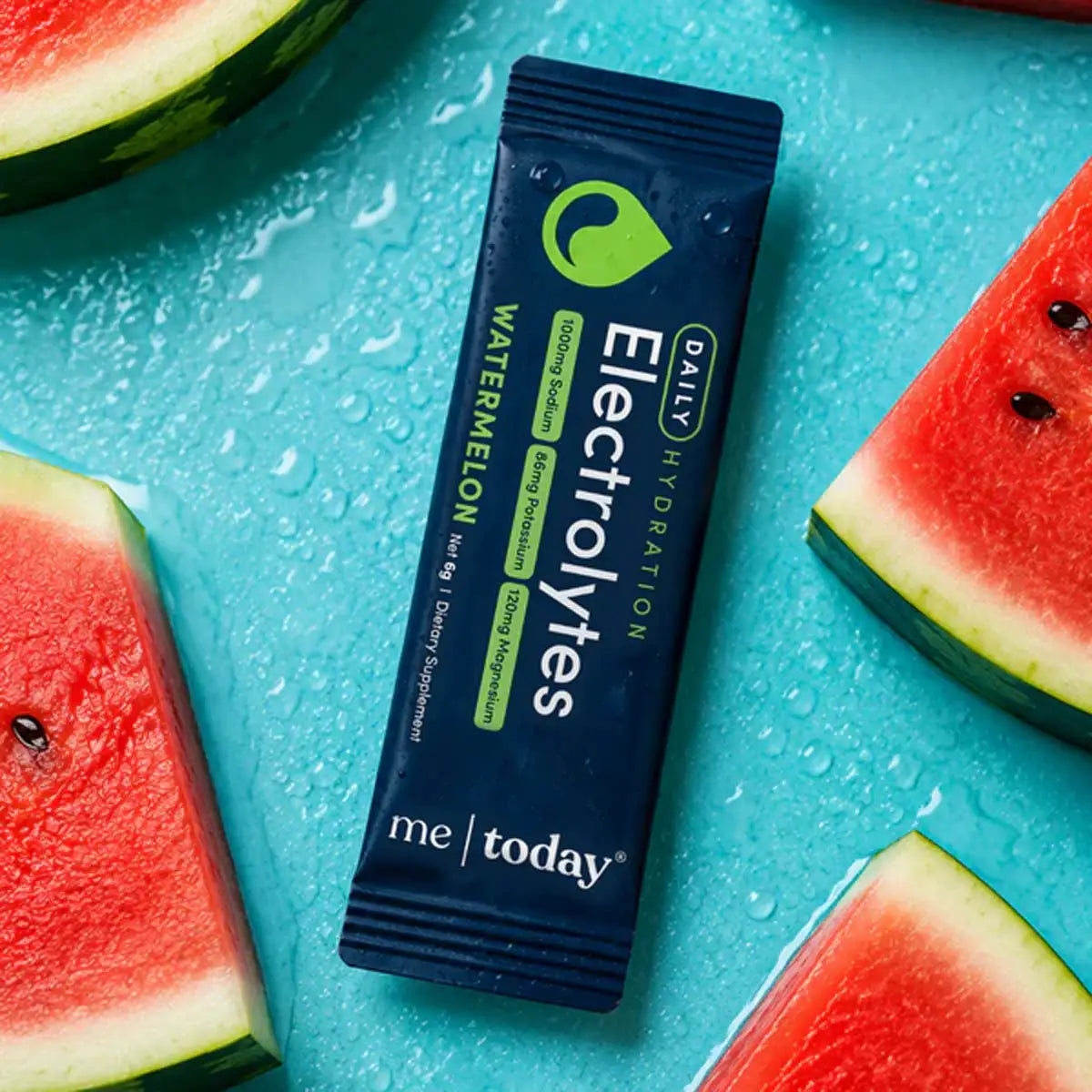 Single sachet of electrolytes on a blue background with watermelon slices. 