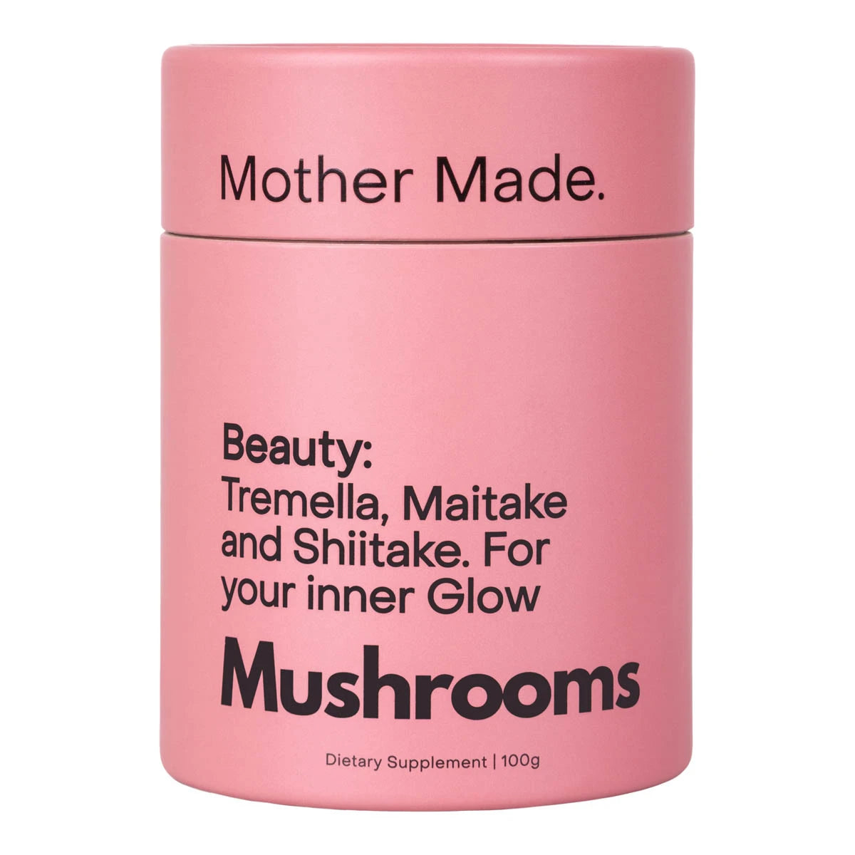 Pink container labeled 'Mother Made' with mushroom supplement text on a white background