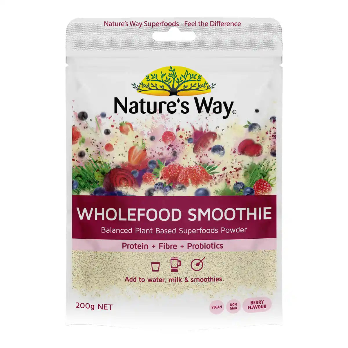 200g pouch of Nature's Way Wholefood Smoothie - balanced plant based superfoods powder. Add to water, milk & smoothies.