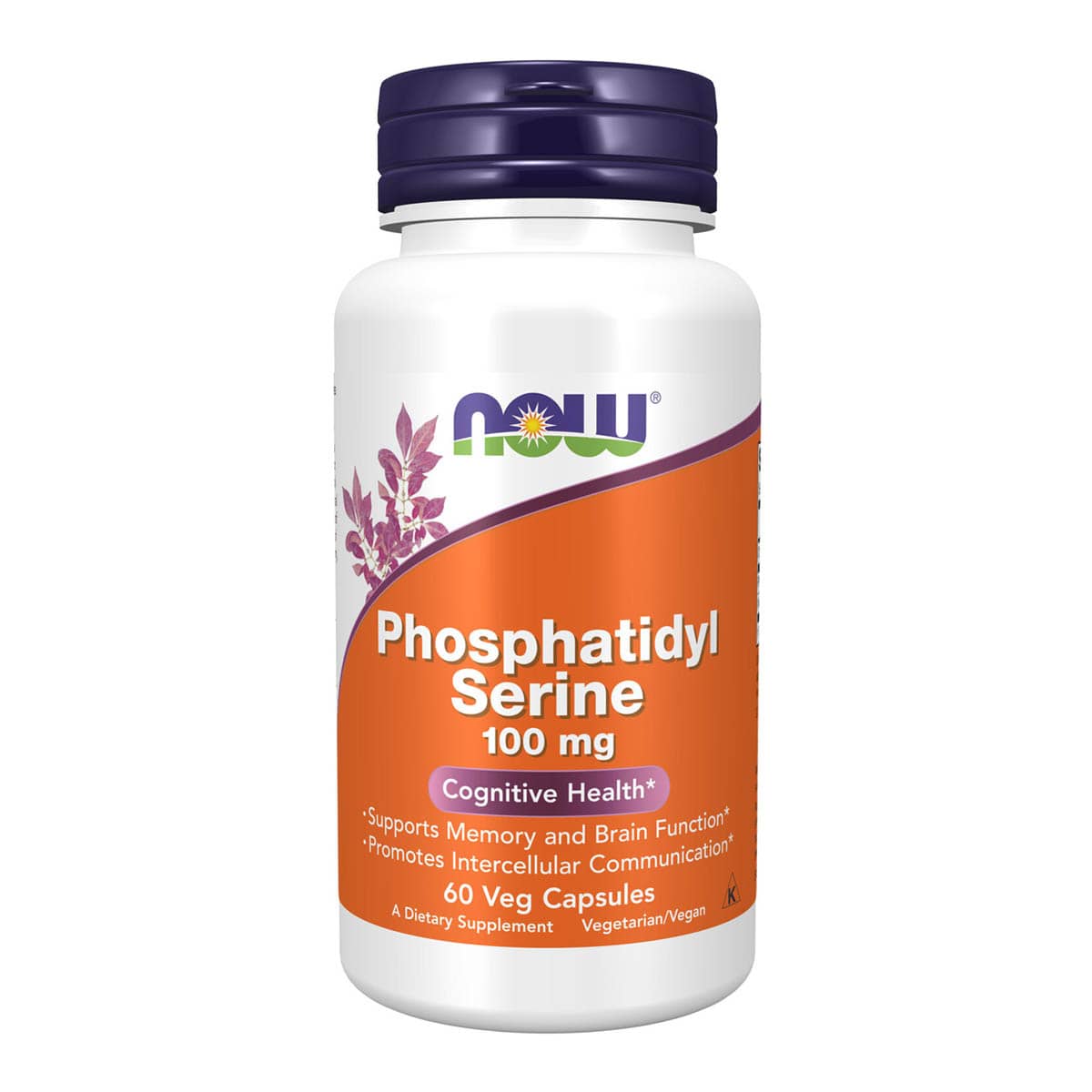Supplement bottle labeled 'Phosphatidyl Serine 100 mg' with NOW brand on a white background