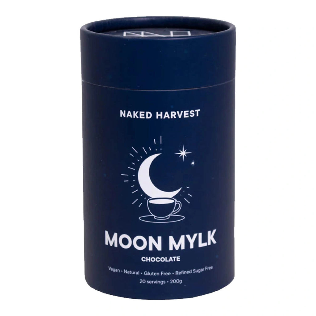 Nu Harvest Moon Mylk chocolate packaging on a white background. Vegan, natural, gluten free, refined sugar free.