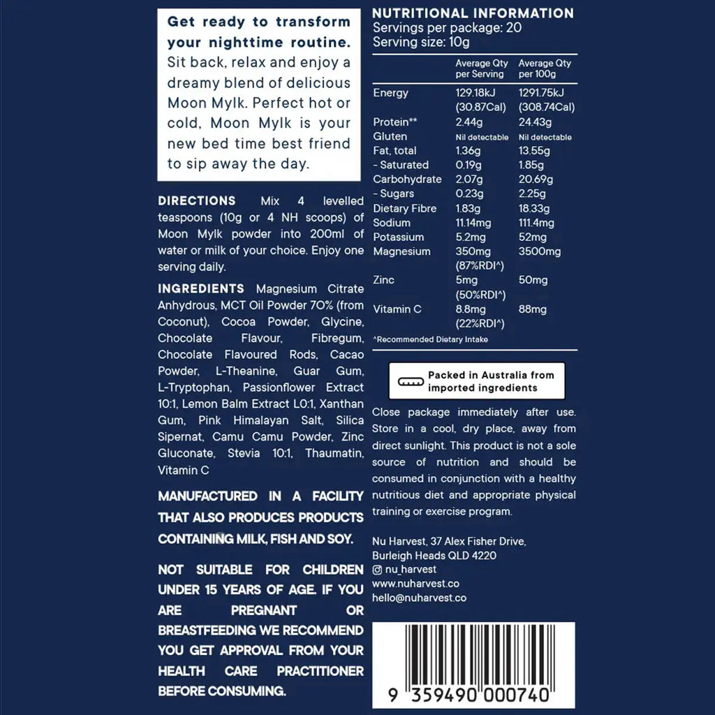 Nutritional information and directions label for Chocolate Moon Mylk.