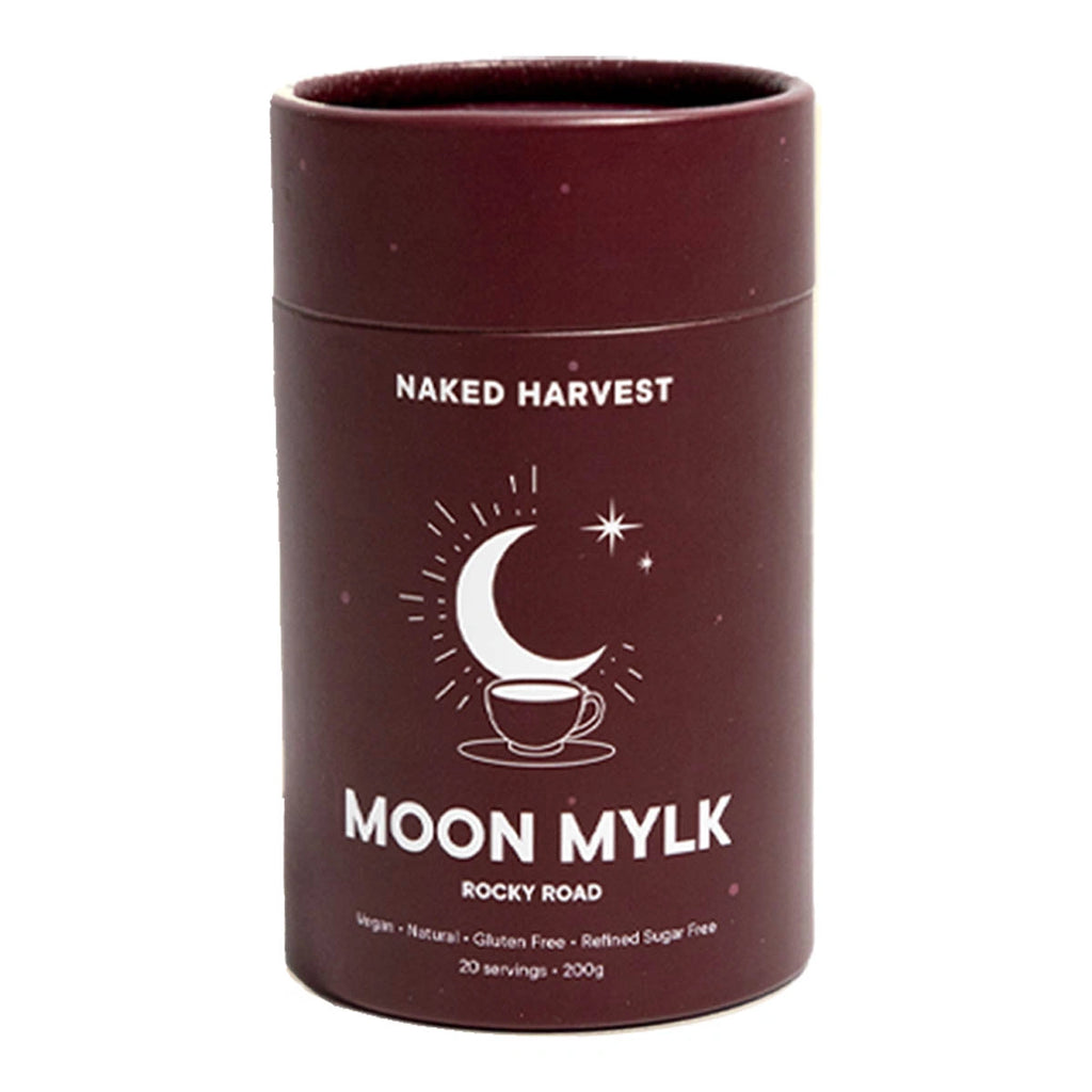 Naked Harvest Moon Mylk Rocky Road container on a white background. Vegan, natural, gluten free, refined sugar free.