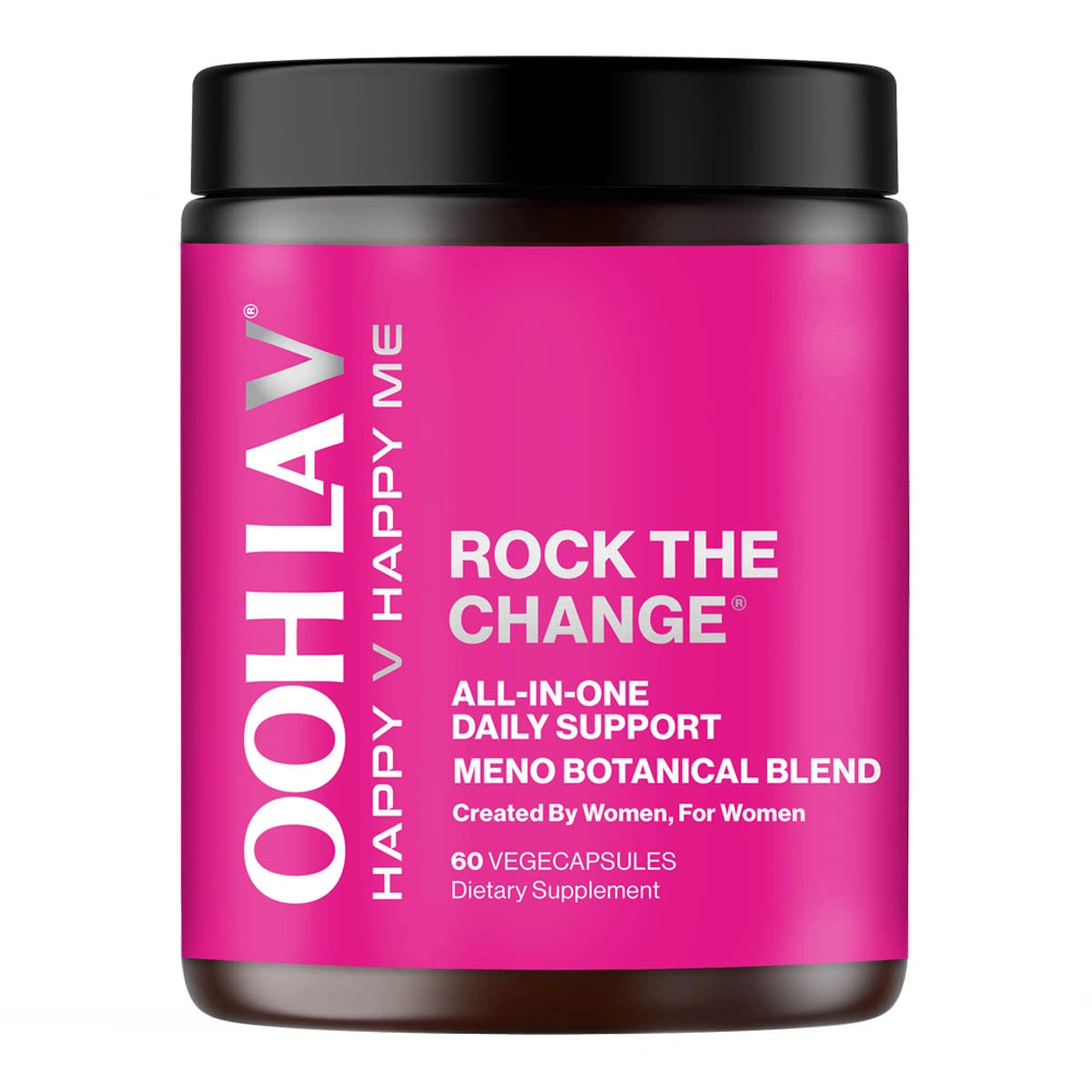 Pink supplement container with black lid labeled 'Ooh La V' on a white background. All in one daily menopause support.
