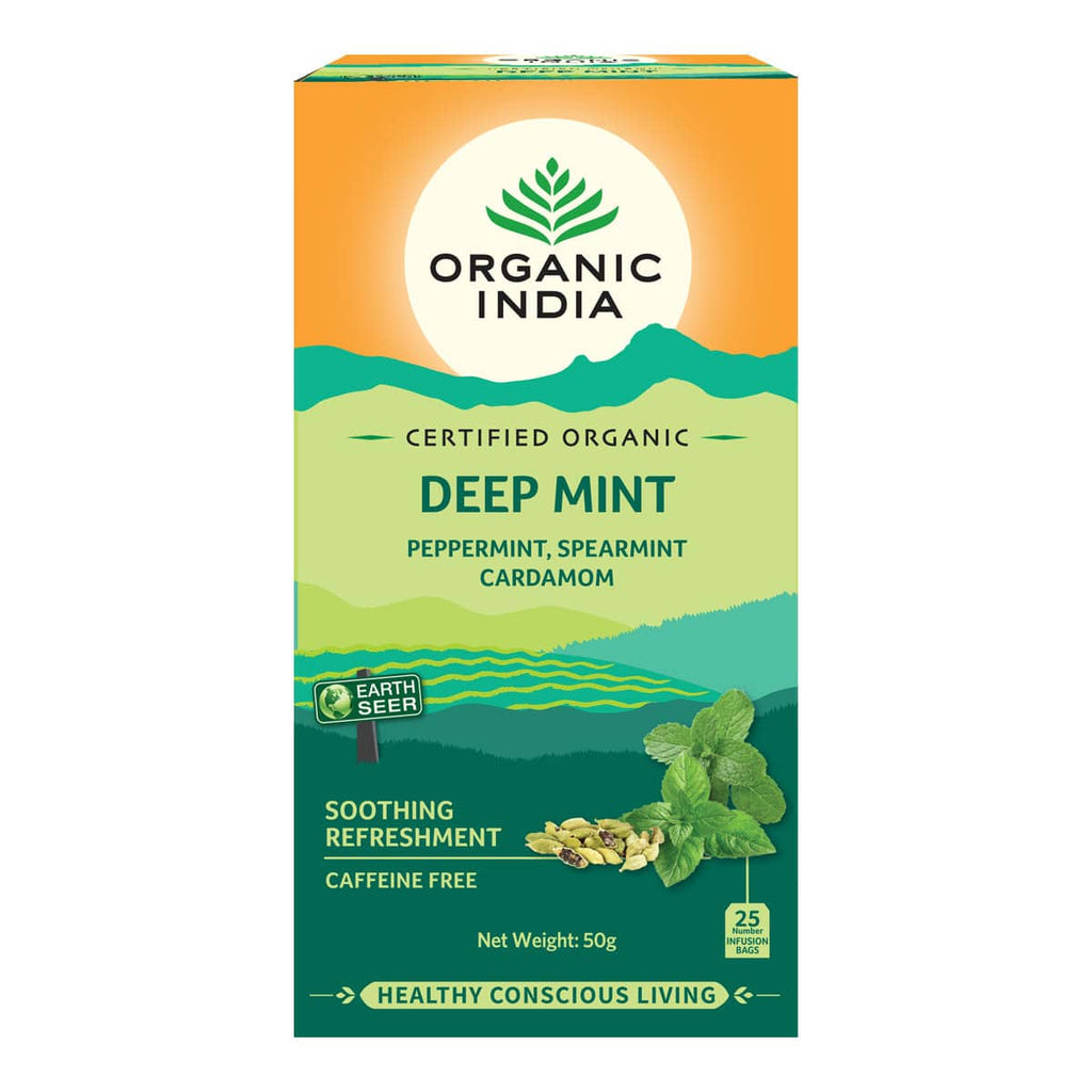 Box of Organic India Deep Mint tea on a white background.