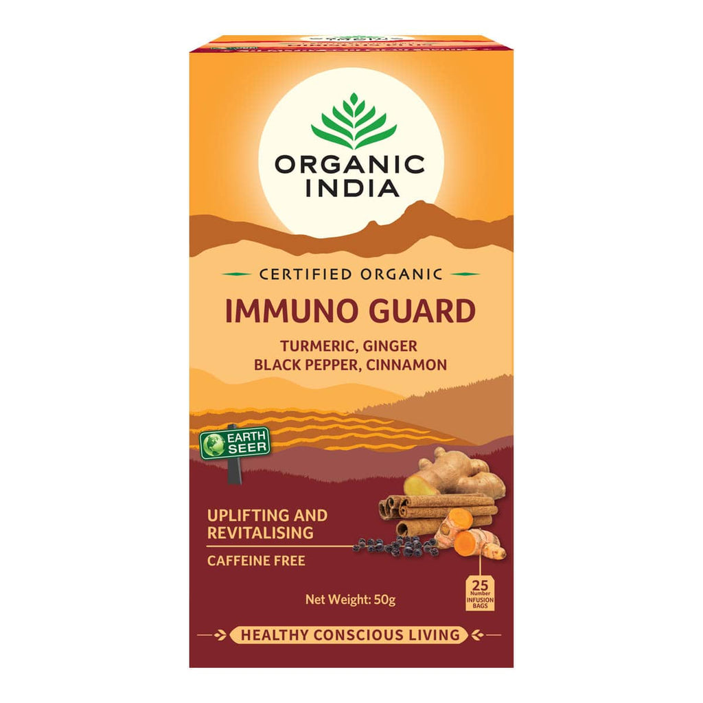Box of Organic India Immuno Guard tea on a white background.