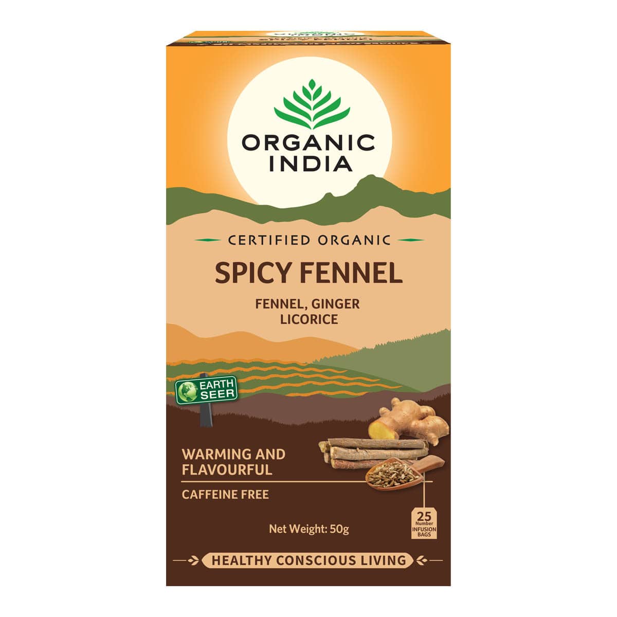 Box of Organic India Spicy Fennel tea on a white background.