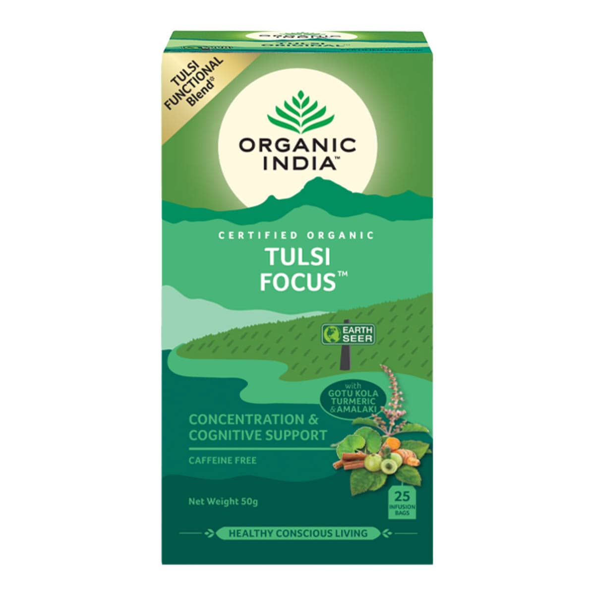 Green box of Organic India Tulsi Focus on a white background.