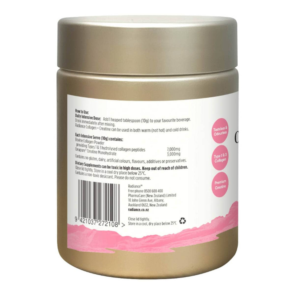 Back of Collagen + Creatine container with directions for use and ingredients.