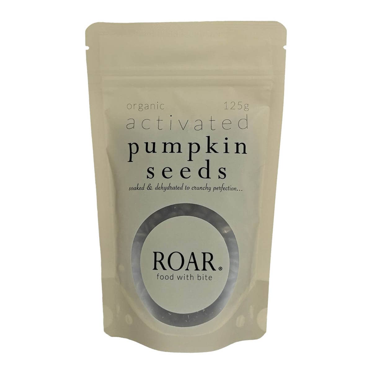 125g package of ROAR organic activated pumpkin seeds on a white background