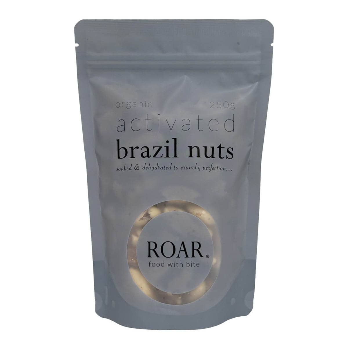 250g package of ROAR organic activated brazil nuts on a white background