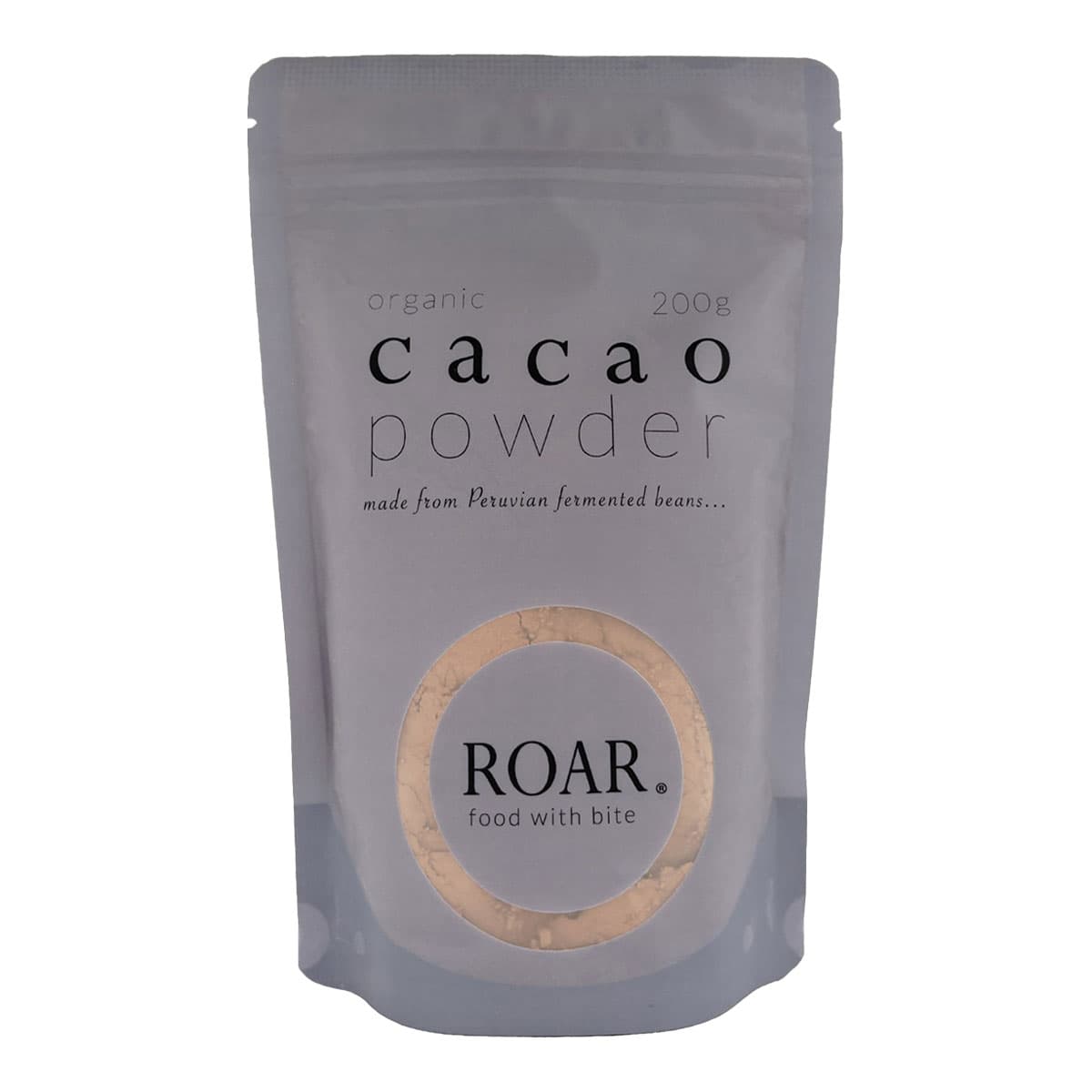 Package of cacao powder by ROAR on a white background.