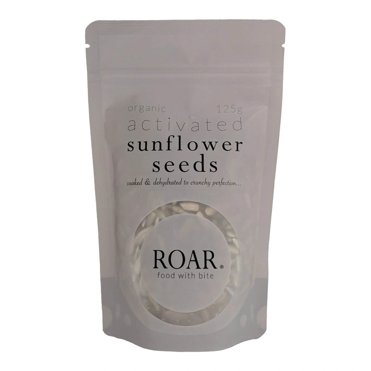 125g package of organic activated sunflower seeds by ROAR on a white background