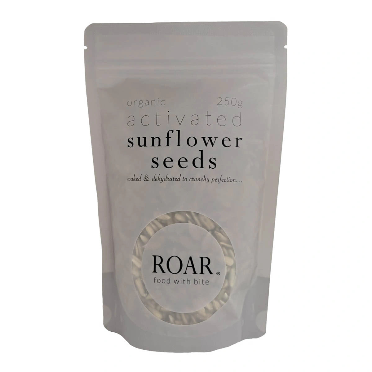 250g package of organic activated sunflower seeds by ROAR on a white background