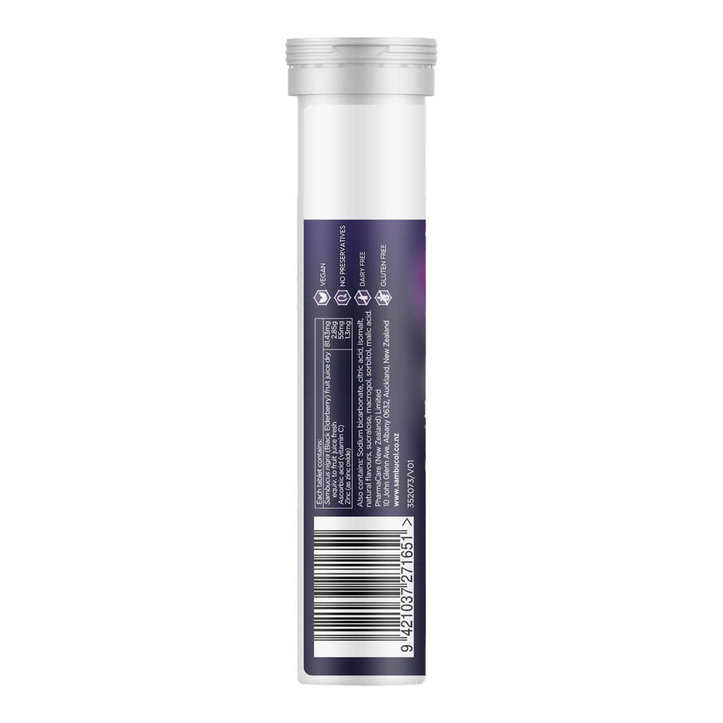 Back view of a cylindrical container of effervescent tablets with ingredients and other product information.