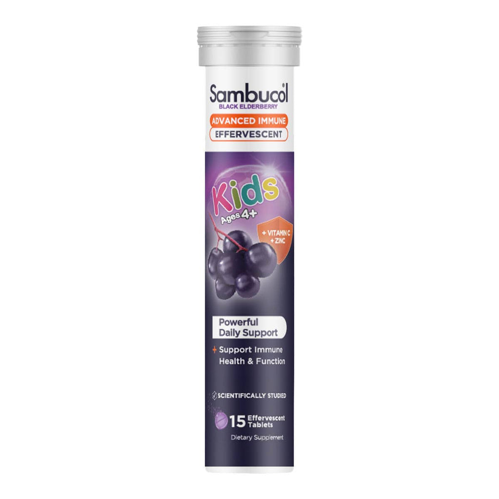 Sambucol Kids immune support effervescent tablets on a white background