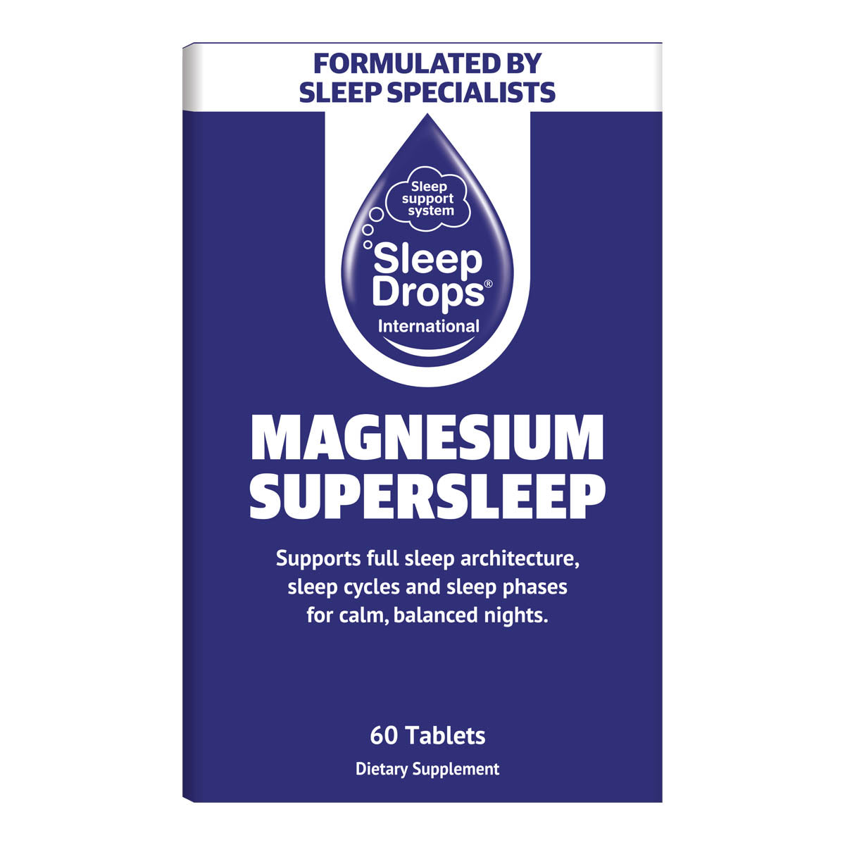 A box of Sleep Drops Magnesium Supersleep dietary supplement, featuring a dark blue and white design with bold text. 60 tablets.