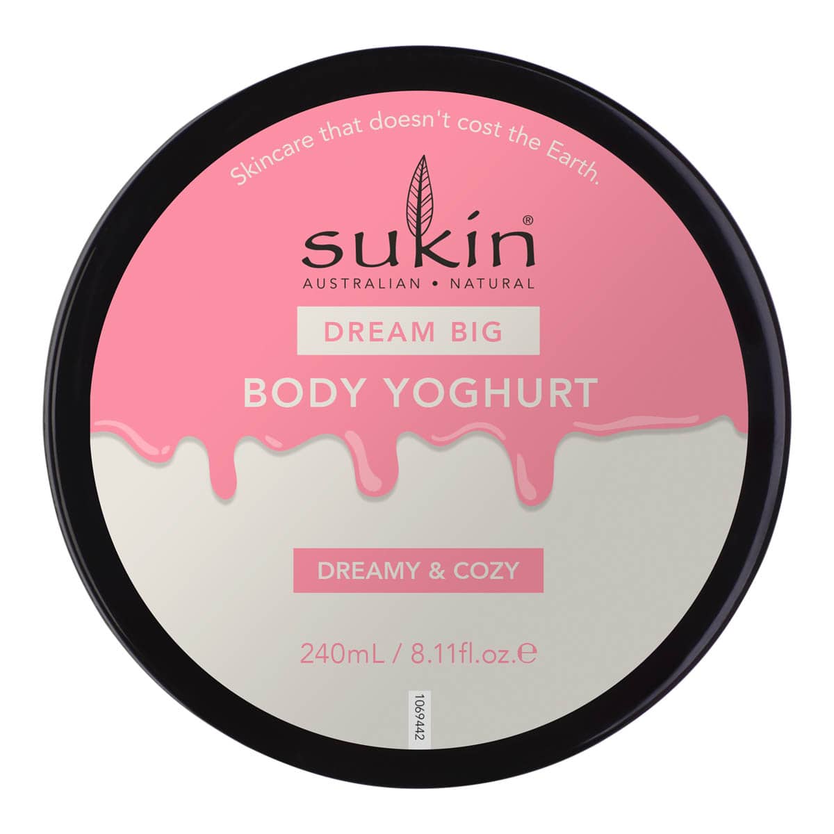 Sukin Body Yoghurt container with pink and black design.
