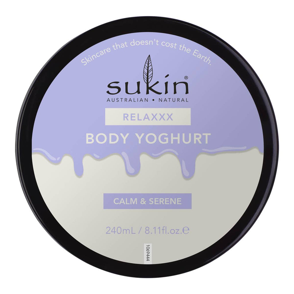 Sukin Body Yoghurt container with purple and black design.