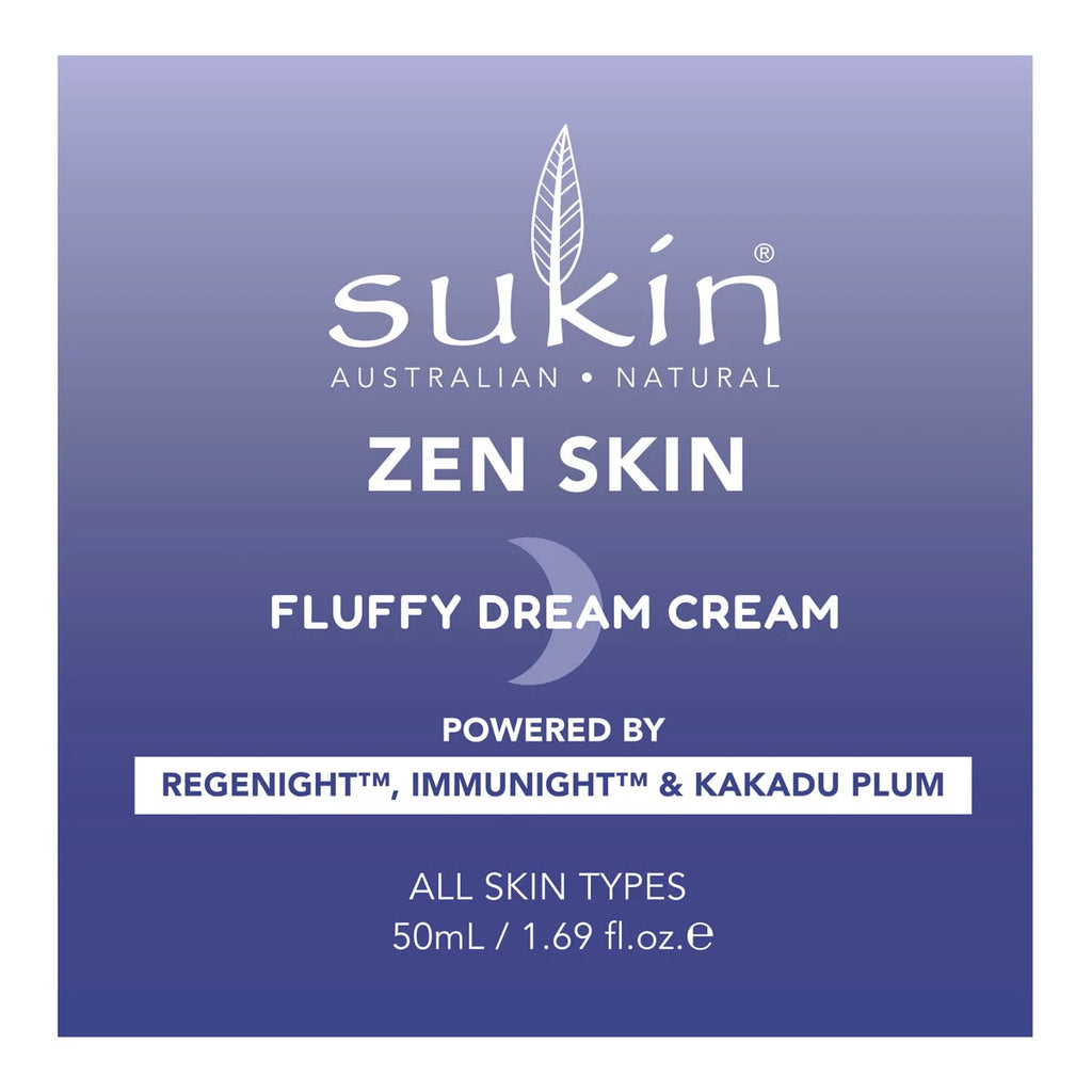 Sukin Zen Skin Fluffy Dream Cream box packaging. Powered by regenight, immunight, kakadu plum. Suitable for all skin types.