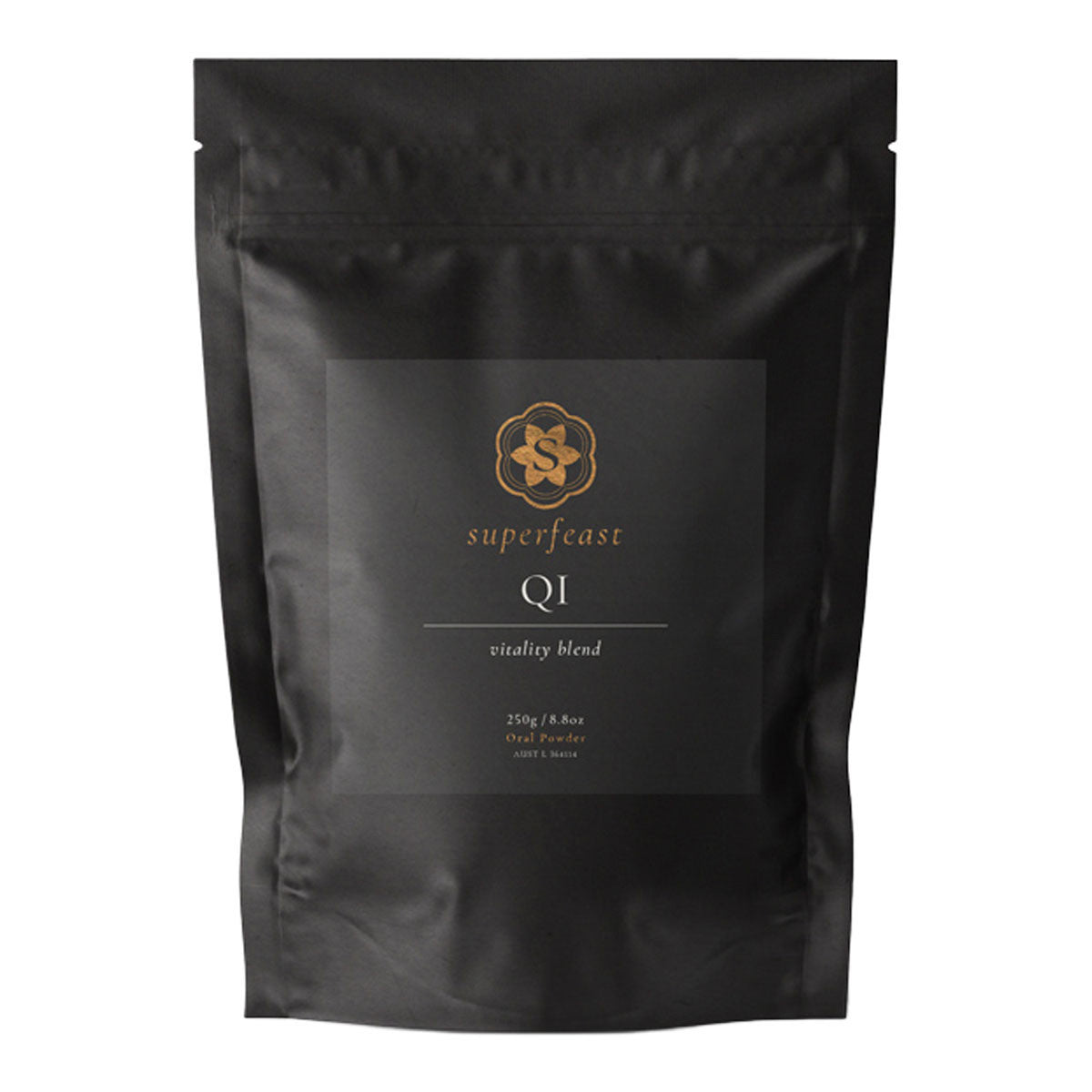 Black package of superfeast QI vitality blend on a white background