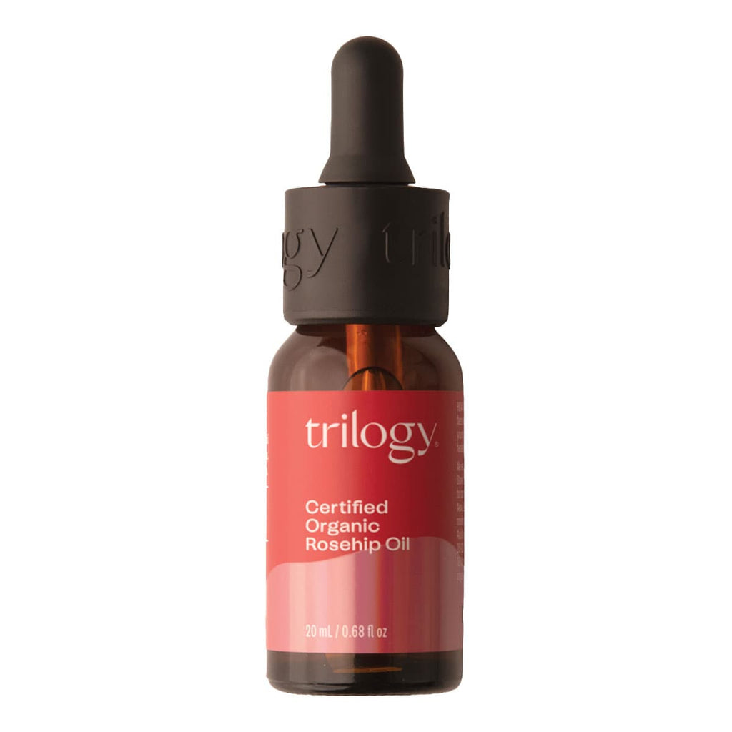 Trilogy Certified Organic Rosehip Oil bottle on a white background.