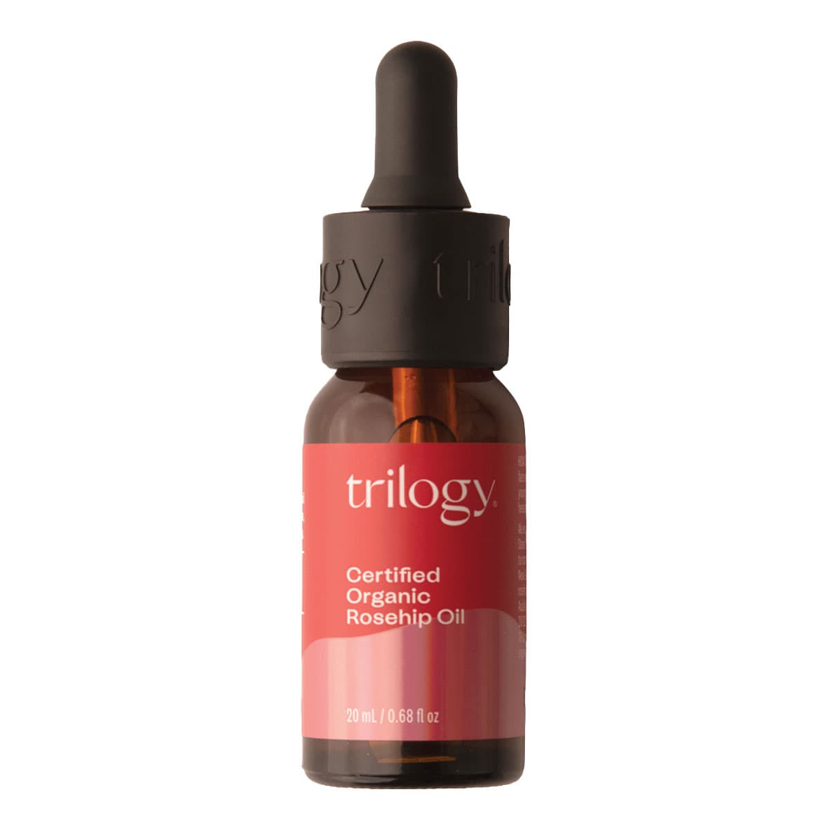 Trilogy Certified Organic Rosehip Oil bottle on a white background.
