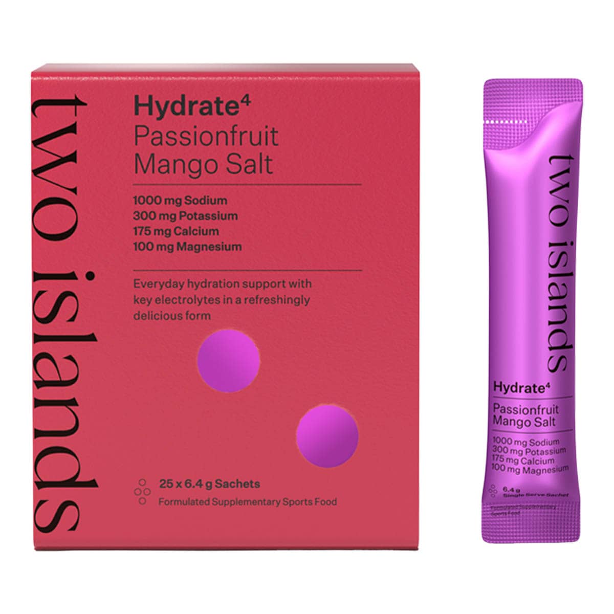 Two Islands Hydrate4 Passionfruit Mango Salt packaging and sachet on a white background.