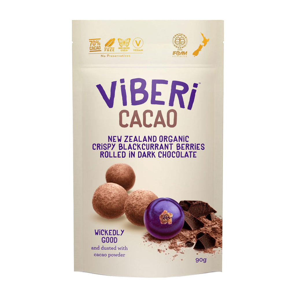 Viberi Cacao blackcurrant berries in a resealable pouch.