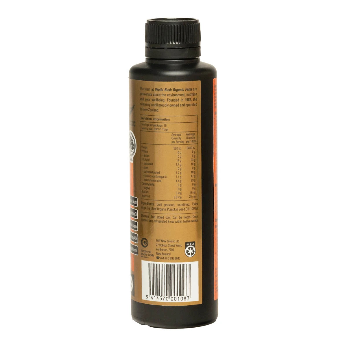 Back of Waihi Bush Pumpkin Seed Oil bottle showing NIP.