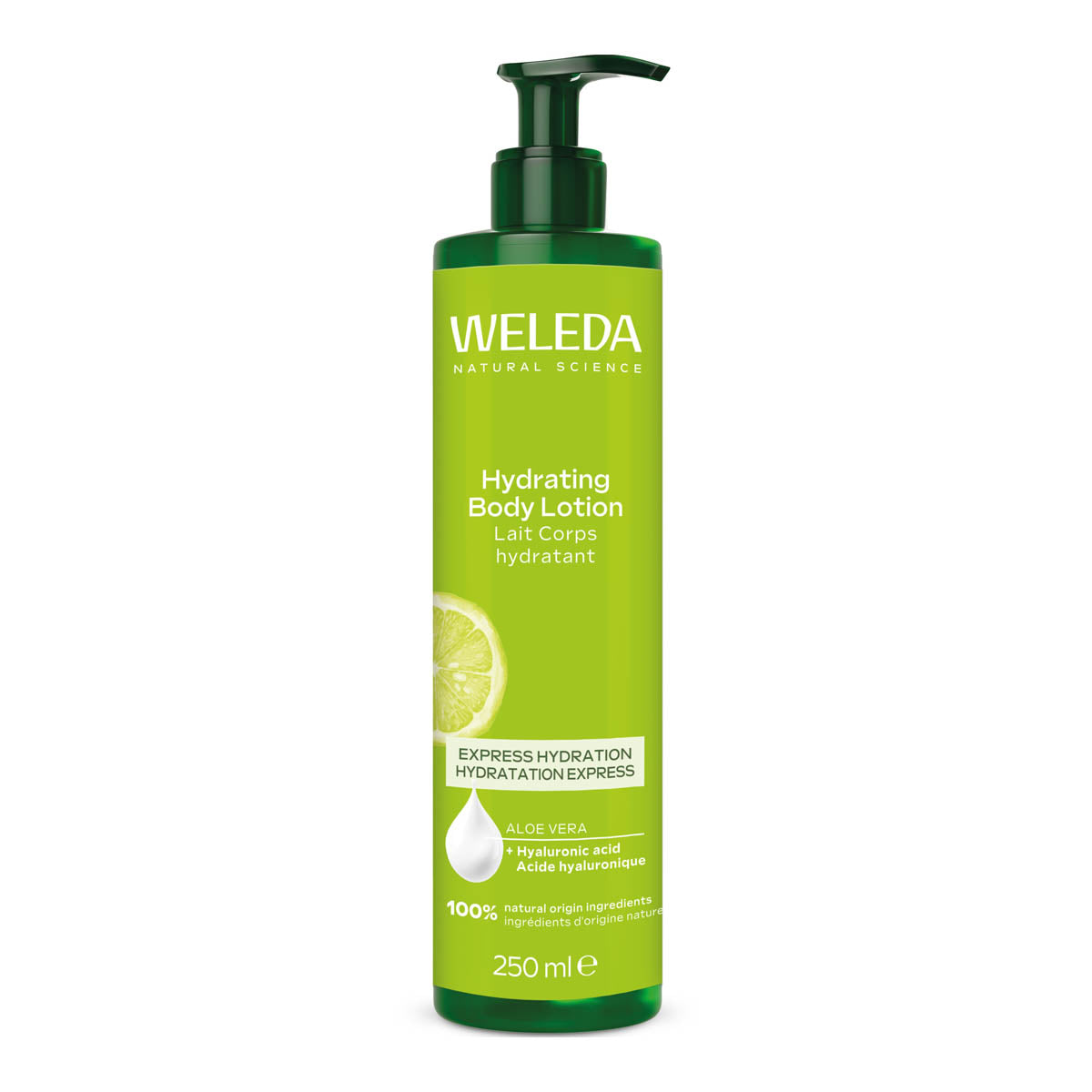 Weleda hydrating body lotion bottle on a white background. Express hydration, aloe vera & hyaluronic acid.