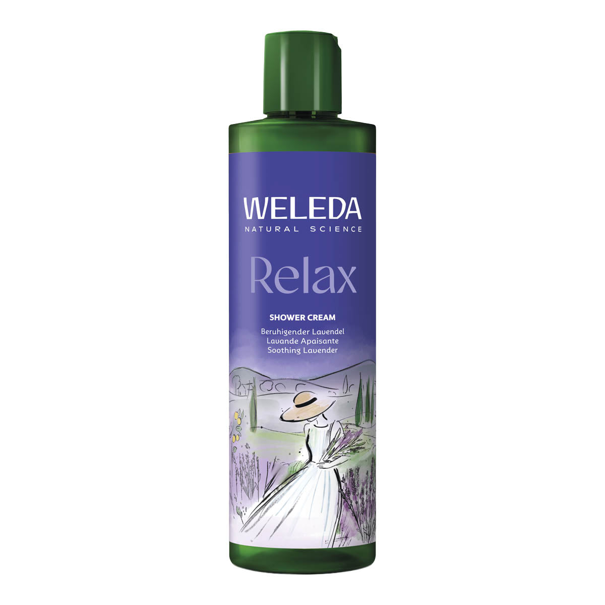 Weleda Relax Shower Cream in a 400ml green bottle with purple packaging. Illustration of a woman collecting flowers on a lavender farm.