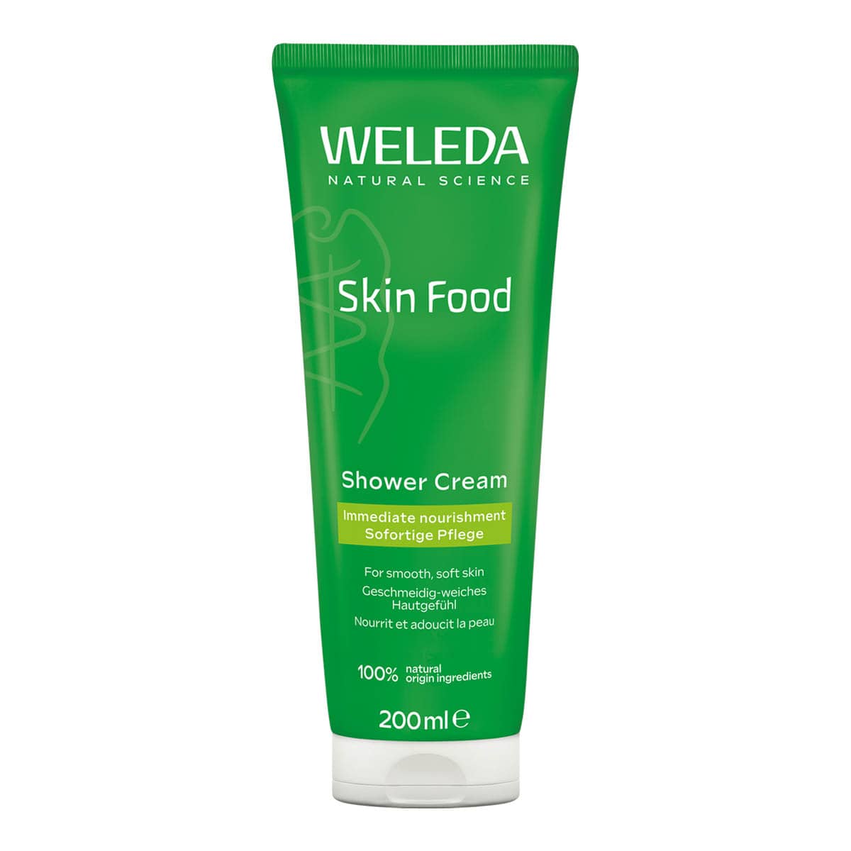 Weleda Skin Food Shower Cream tube on a white background