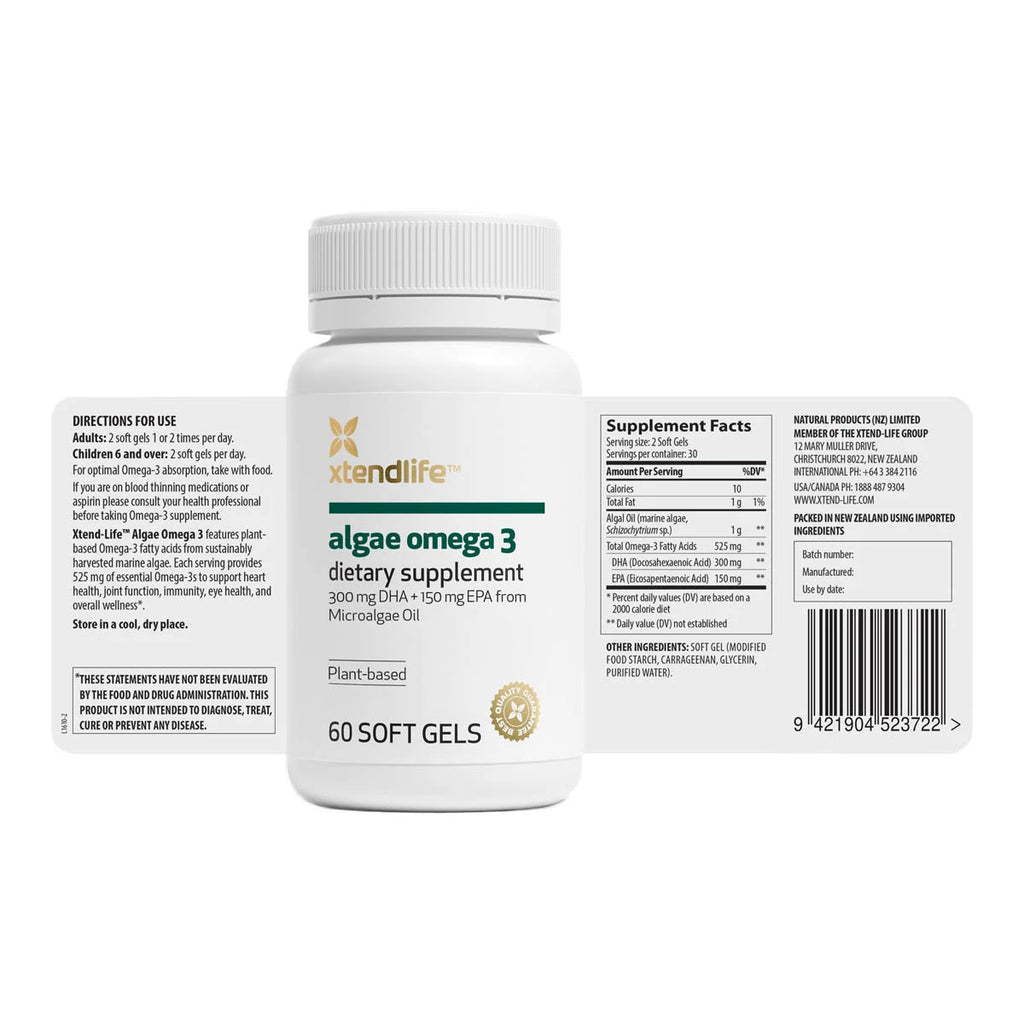 xtendlife algae omega 3 dietary supplement bottle with label on a white background